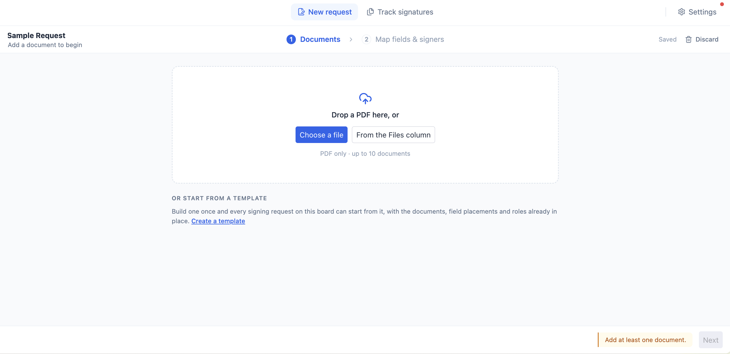 The empty Documents step with its dropzone and template starters